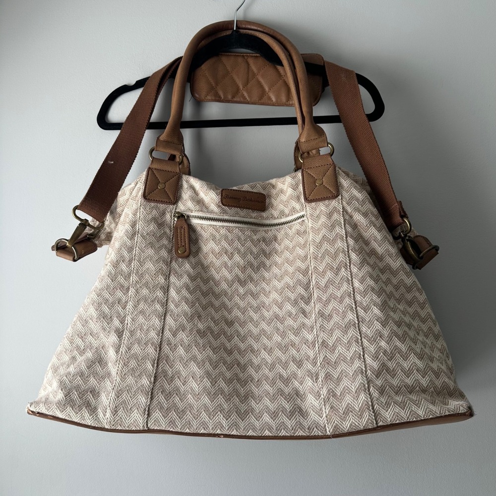 Tommy Bahama Tote Bag Womens Large Tan Chevron Woven Good Crossbody Travel